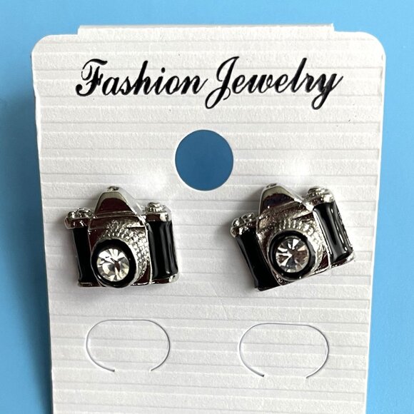 Black Camera Earrings/Stud-Post Earrings/Rhinestone Crystal/Photography Jewelry - Picture 7 of 8
